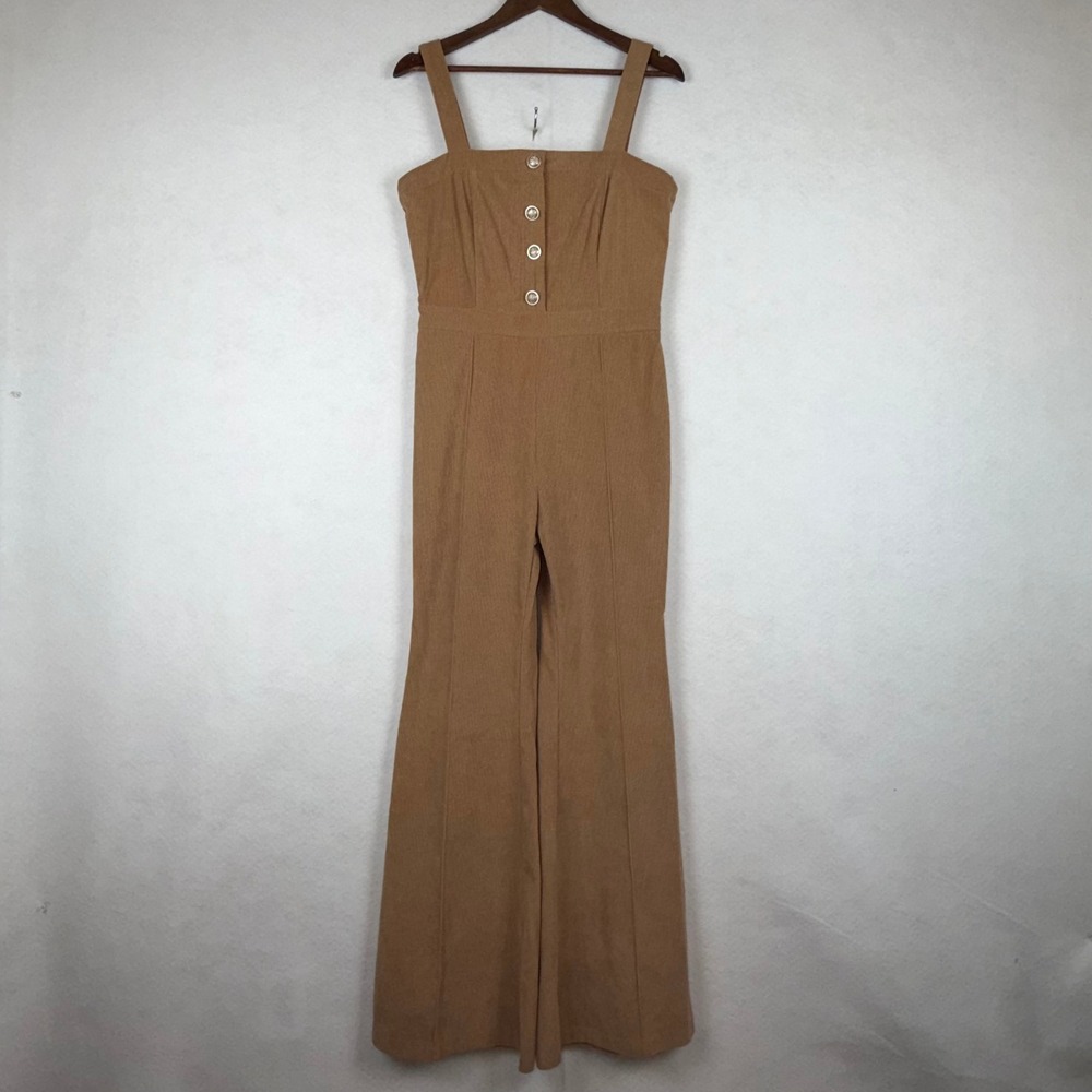 Jealous Tomato Jumpsuit Women Large Tan Corduroy Flare Leg 70s Retro JP5814